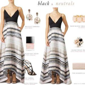 Badgley Mischka Black and Neutral Striped High-Low Gown